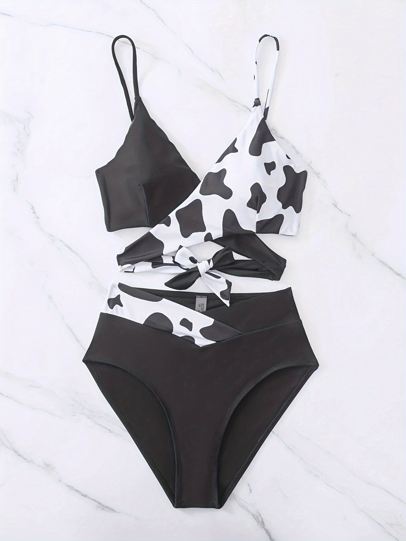 Cow Print 2 Piece Set Bikini, V Neck Layered High Cut Swimsuits, Women's Swimwear & Clothing